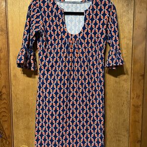 Tracy Negoshian Blue and Orange Sheath Dress with Bell Sleeves‎